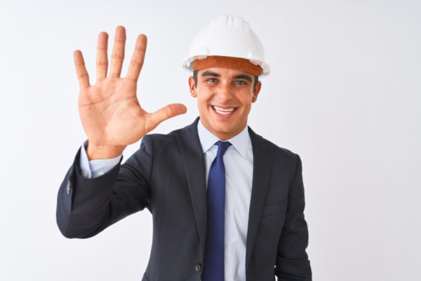 Young handsome architect man wearing suit and helmet over isolated white background showing and pointing up with fingers number five while smiling confident and happy.|Sitemanager and Constructionworker monitoring the building lot|Chart about cost overruns and delays in construction projects|Sitemanager and Constructionworker monitoring the building lot|Sitemanager checking on a digital blueprint|Female construction engineer. Architect with a tablet computer at a construction site. Young Woman look in camera