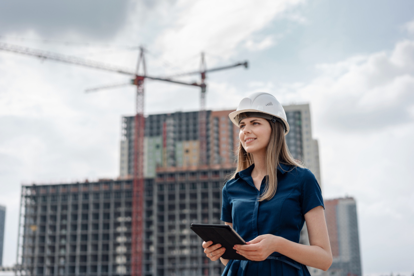 Female construction engineer. Architect with a tablet computer at a construction site. Young Woman look in camera, building site place background.