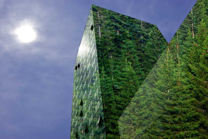 Green energy in the city: modern building covered with spruce forest|||