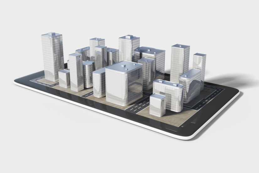 3D-Plan einer urbanen Gegend auf einem Tablet