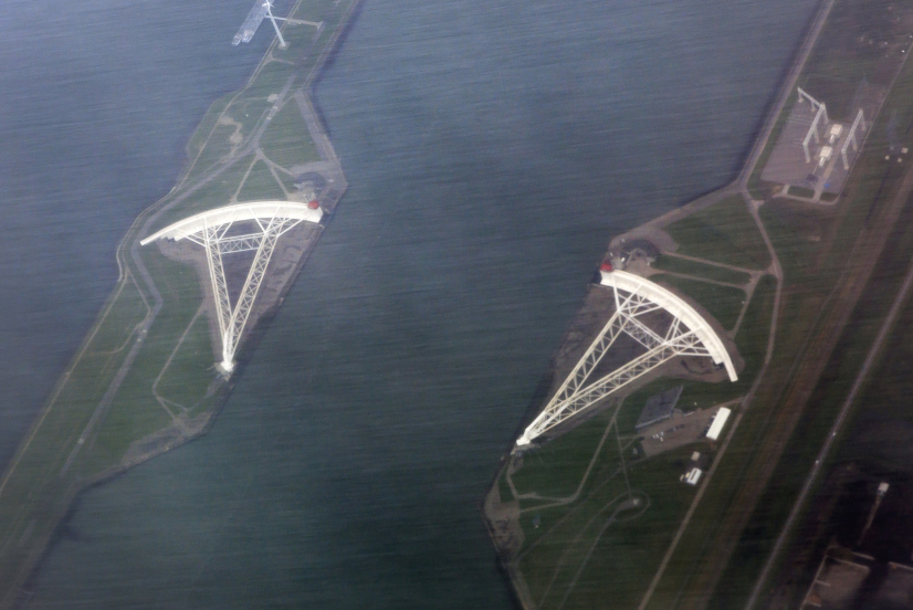 Aerial view of the Maeslantkering, a storm surge barrier on the Nieuwe Waterweg in the Netherlands
