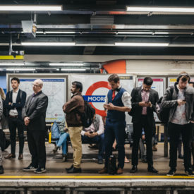 People on a platform of Moorgate station of London Underground