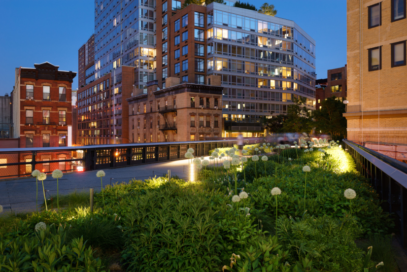 Hochhäuser und High Line Park in New York bei Nacht