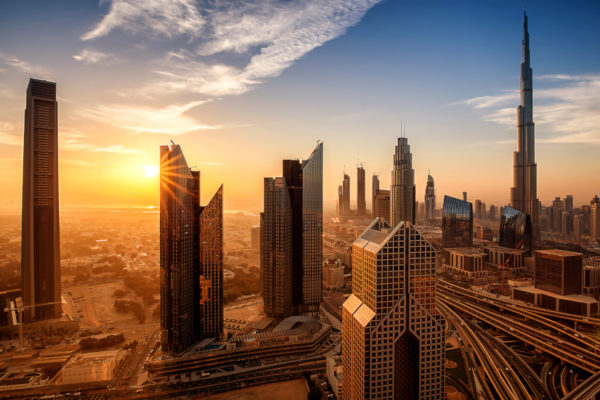 skyline overview of Dubai hi rise building United Arab Emirates