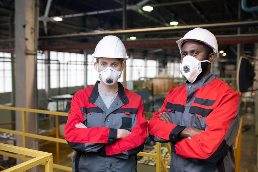 Portrait of serious workers in respiratory masks and hardhats standing with crossed arms on frame bridge in factory shop