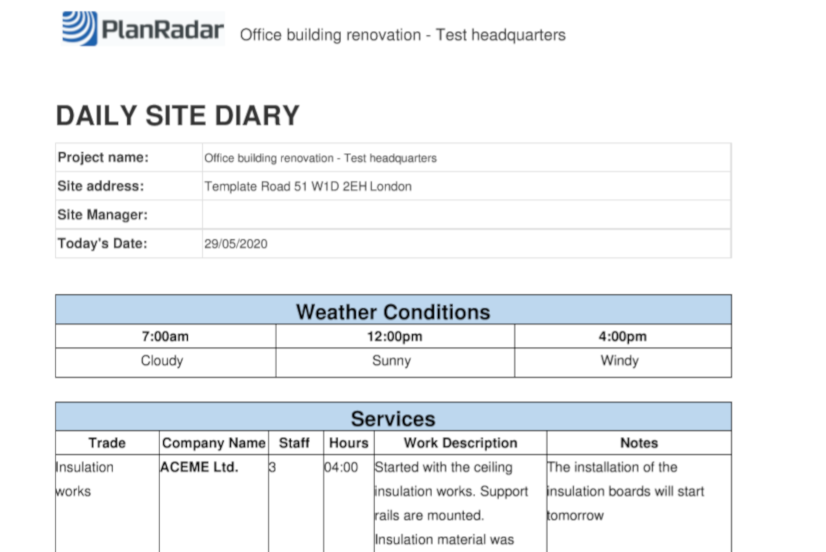 Exported site diary example