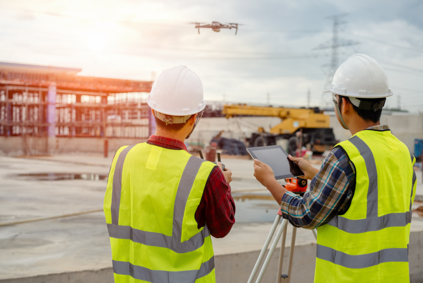 Drony w budownictwie|Dron czterowirnikowy wykonujący zdjęcia na budowie||Oprogramowanie dla budownictwa PlanRadar pozwala przetwarzać dane zebrane przy pomocy dronów