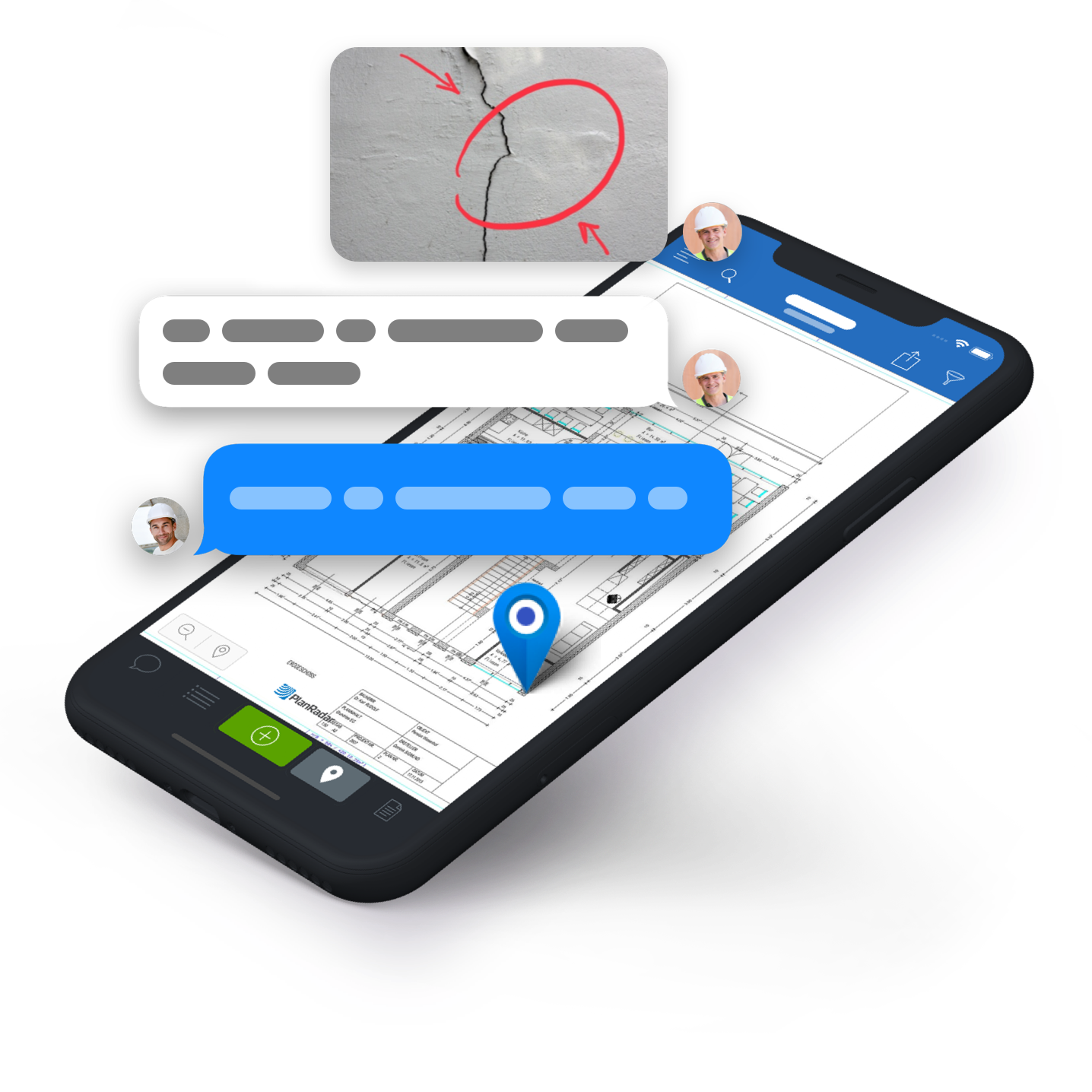 Вид задач и коммуникаций в PlanRadar на мобильном девайсе 