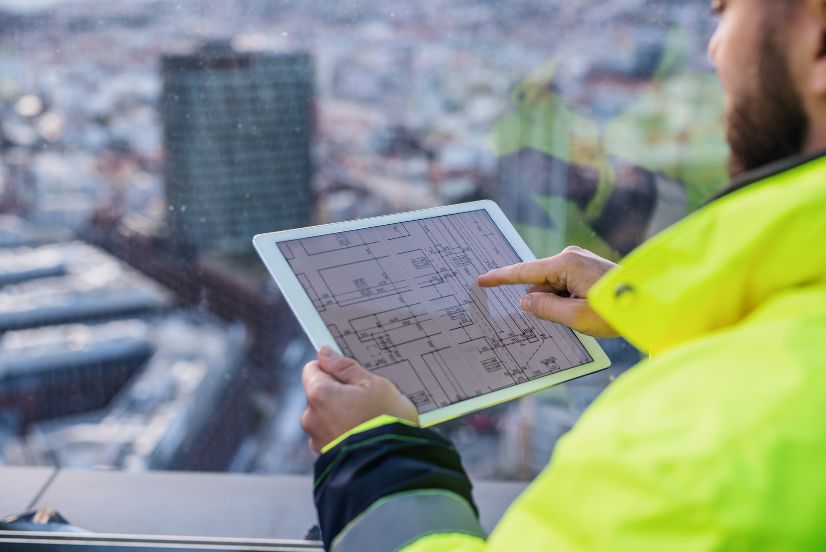image of a construction worker using a digital punch list on a tablet