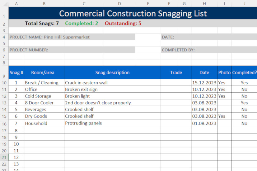 Commercial Construction Snagging List Template