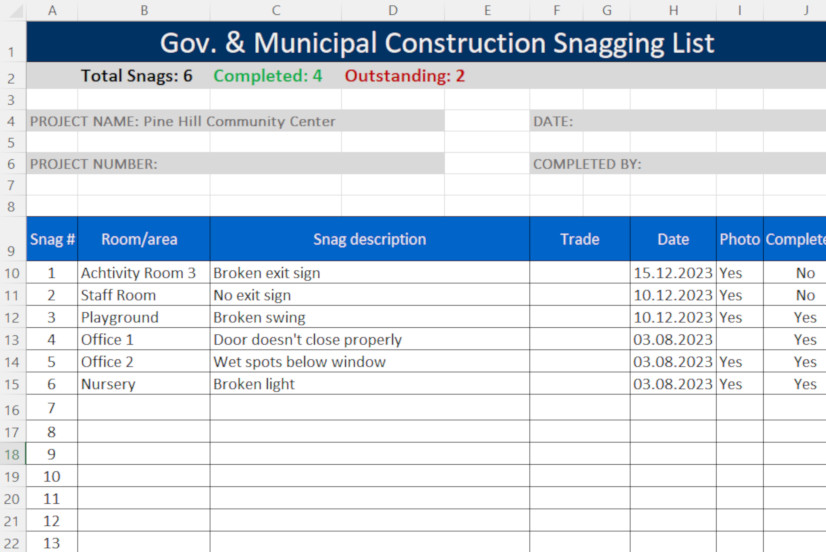 government building snag list template excel 