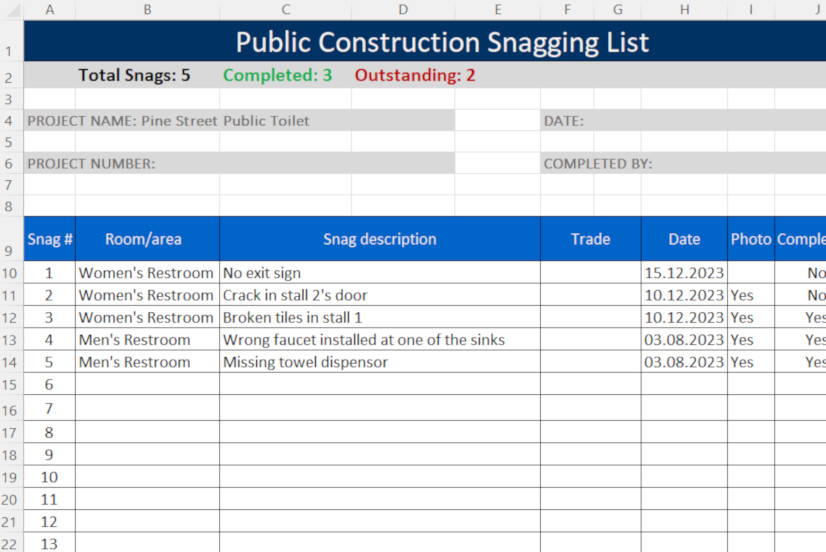 Public Sector Construction Snagging List Template