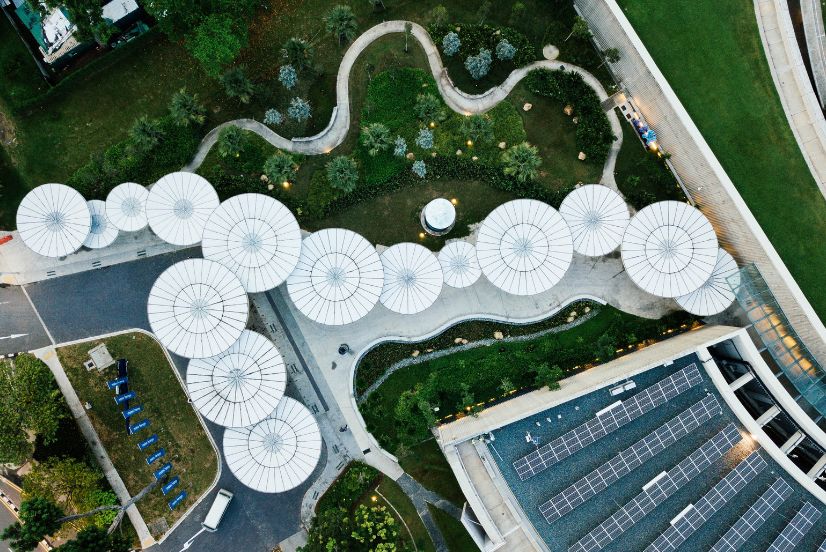 aerial image of sustainable green buildings