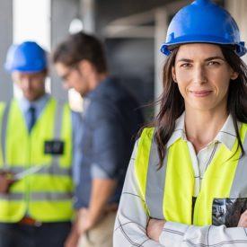 Portrait of woman engineer at building site looking at camera with copy space. Mature construction manager standing in yellow safety vest and blue hardhat with crossed arms. Successful confident architect at construction site with team discussing in background.